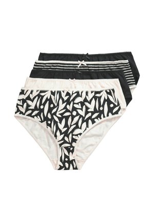 Tři páry dámského spodního prádla s motivem černobílých listů, jednobarevné černé a černé pruhované. Vyrobené z měkké látky s růžovými akcenty.