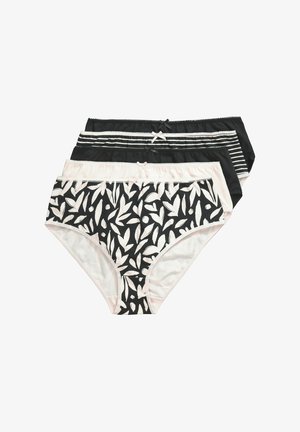 Tres conjuntos de ropa interior femenina con estampados de hojas en blanco y negro, negro sólido y rayas negras. Hechos de tela suave con detalles en rosa.