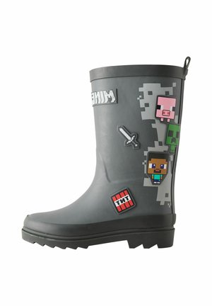 Grå gummistøvle med Minecraft-tema pixelkunst, inklusive et sværd, TNT-blok, gris, creeper og karakter på siden.