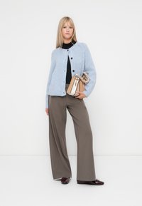 Gaiši zils adīts kardigāns ar melnām pogām, kopā ar brūniem svītrainiem plašpēdu biksēm. Aksesuārs: maza krāsu bloku soma ar pītām rokturiem.