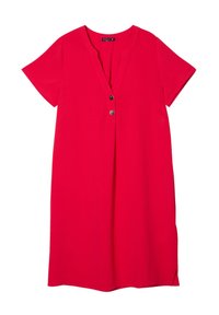 Rotes Kurzarmkleid mit V-Ausschnitt, drei schwarzen Knopfakzenten und seitlichen Schlitzen für zusätzlichen Bewegungsspielraum. Glattes, leichtes Material.