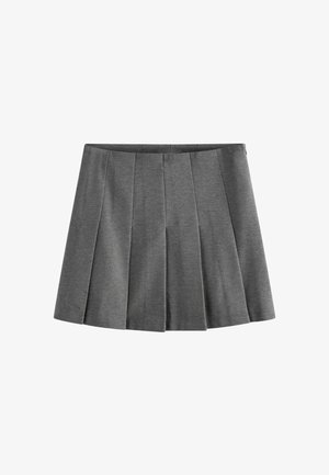 Grå plisseret nederdel lavet af et blødt stof, med en Talje og ensartede folder for et struktureret udseende.