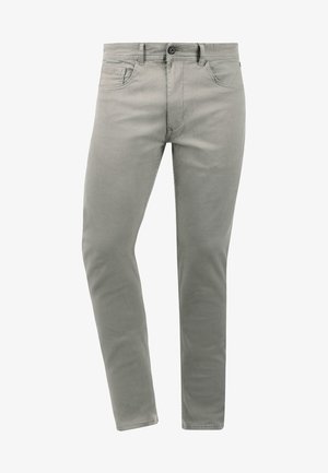 Grau Baumwollmischungs-Hosen mit schlanker Passform, fünf Taschen, Knopfleiste und subtiler Textur. Verfügt über ein gerades Bein-Design und minimale Details.