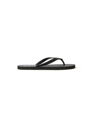 Zwarte flip-flop met een platte zool, dunne gestructureerde bandjes en een minimalistisch ontwerp. De zool heeft een subtiel patroon voor grip.
