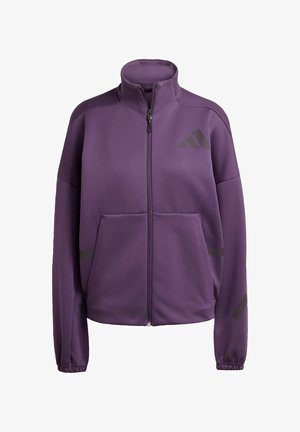 Purple zip-up jacket made of textured fabric, featuring a high collar, two front pockets, and dark gray accent stripes.