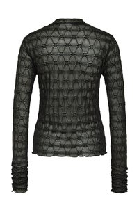 Svart långärmad topp med ett hexagonalt nätmönster, texturerad tyg, rynkad ärmdetalj och rundad halsringning.