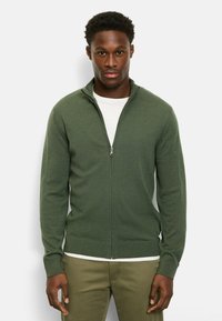 Grüner Zip-Pullover mit gerippter Textur und Bündchen. Getragen über einem weißen T-Shirt, mit einem hohen Kragen und einem glatten Reißverschluss.