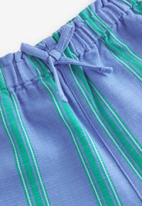 Blå shorts med grønne og hvide lodrette striber, udstyret med elastisk talje og en bundet snor til justerbar pasform. Tekstureret stof.