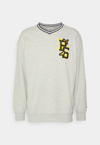 Hellgrauer Pullover mit V-Ausschnitt, langen Ärmeln, gerippten Bündchen und Saum. Auf der linken Brust befindet sich ein farbiges Grafikdesign mit Text und Logos.