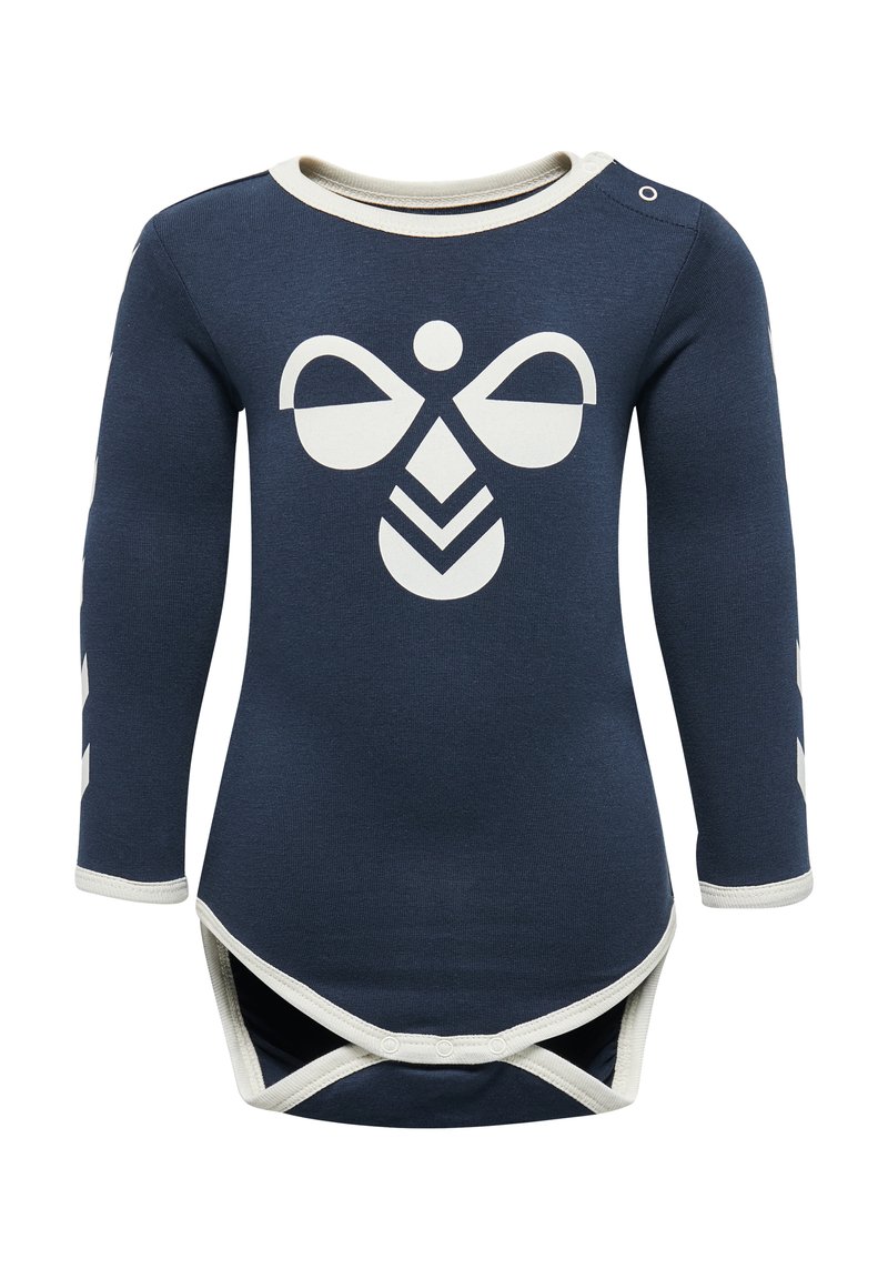 Navy långärmad bodysuit i mjuk bomull, med en stor vit bi-grafik på framsidan och kontrasterande krämfärgad kant runt halslinningen.