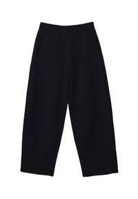 Zwarte wijde pantalons van een zachte, rekbare stof. Voorzien van een elastische tailleband en twee zijzakken met een eenvoudig, minimalistisch ontwerp.