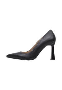 Chaussure à talon haut noire avec un bout pointu, en cuir lisse, dotée d'un talon haut et fin ainsi que d'un design élégant et minimaliste.
