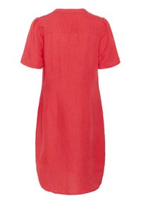 Rotes Leinenkleid mit rundem Ausschnitt, kurzen Puffärmeln und lockerer Passform. Verfügt über seitliche Taschen und eine glatte Textur.