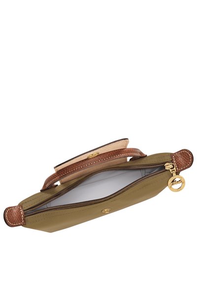 Slim khaki pouch with brown leather trim and handle, gold zipper and clasp, open to show empty light interior lining.