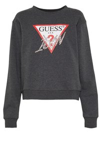 Sudadera gris con un diseño cropped, que presenta un logo triangular rojo y texto adornado con strass. Mangas largas y puños acanalados.