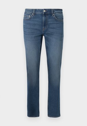 Blå denimjeans med lige ben-design, der har fem-lommer stil og subtil fading. Inkluderer en frontlukning med knap og lynlås.