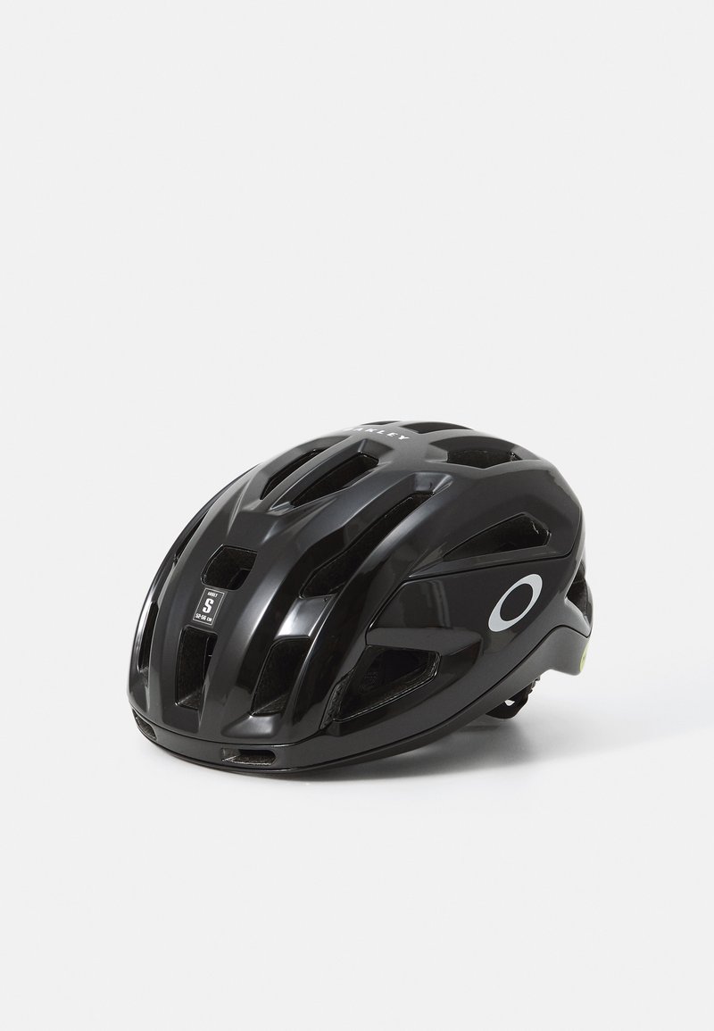 Czarny kask rowerowy z otworami wentylacyjnymi, konturowym kształtem i wyraźnym okrągłym logo. Wykonany z gładkiego, błyszczącego materiału. Rozmiar S.