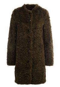 Olivgrüner Kunstfellmantel mit kastiger Form, rundem Kragen und fünf schwarzen Knöpfen auf der Vorderseite. Weiche Textur mit flauschigem Aussehen.
