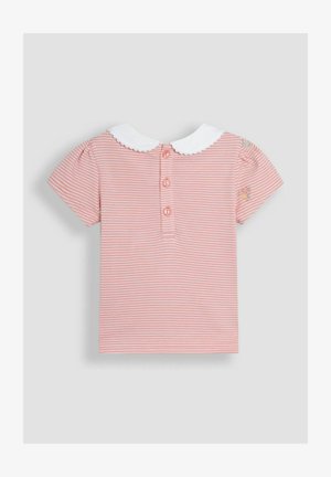 Juostuotas rausvas trumpas rankovėmis viršus su baltu banguotu apykakle, penki mygtukai gale ir gėlių siuvinėjimas kairiajame petyje.