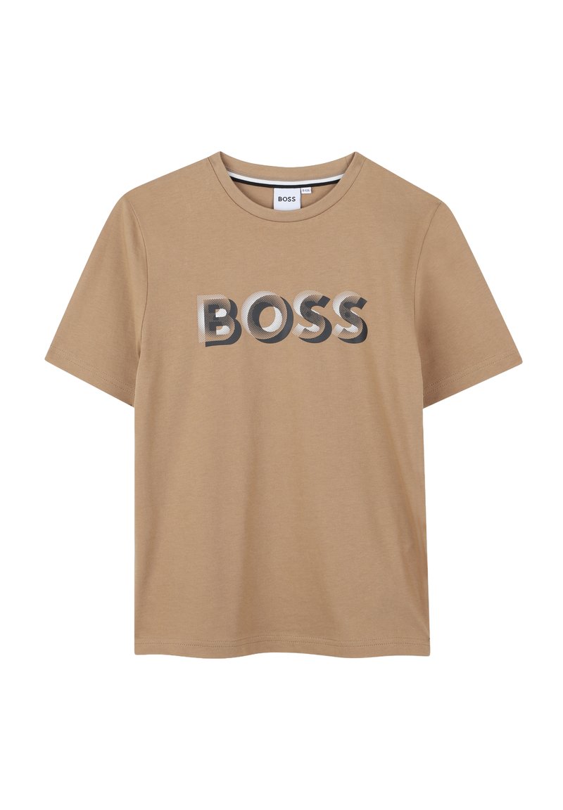 T-shirt di cotone color beige con maniche corte e colletto tondo. La parte anteriore presenta una grafica metallica che scrive "BOSS" in colori audaci e a contrasto.