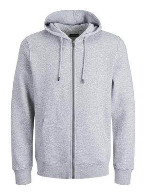 Lys grå zip-up hoodie lavet af blødt materiale. Har en hætte, snoretræk og sidelommer. Ribstrikkede mansjetter og kant er inkluderet.