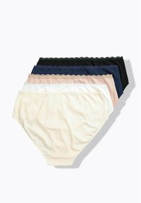 Cztery pary majtek z koronkową lamówką w kolorach jasnobeżowym, granatowym, czarnym i ciemnoróżowym. Miękki, elastyczny materiał o gładkiej fakturze.