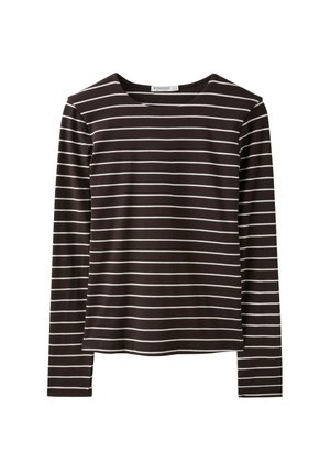 Chemise noire à manches longues avec fines rayures blanches horizontales et un col rond, présentée sur fond blanc.