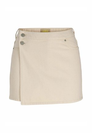 Beige denim nederdel med et omslagdesign, der har to metalknapper foran og en baglomme. Struktureret stof med en subtil vævning.