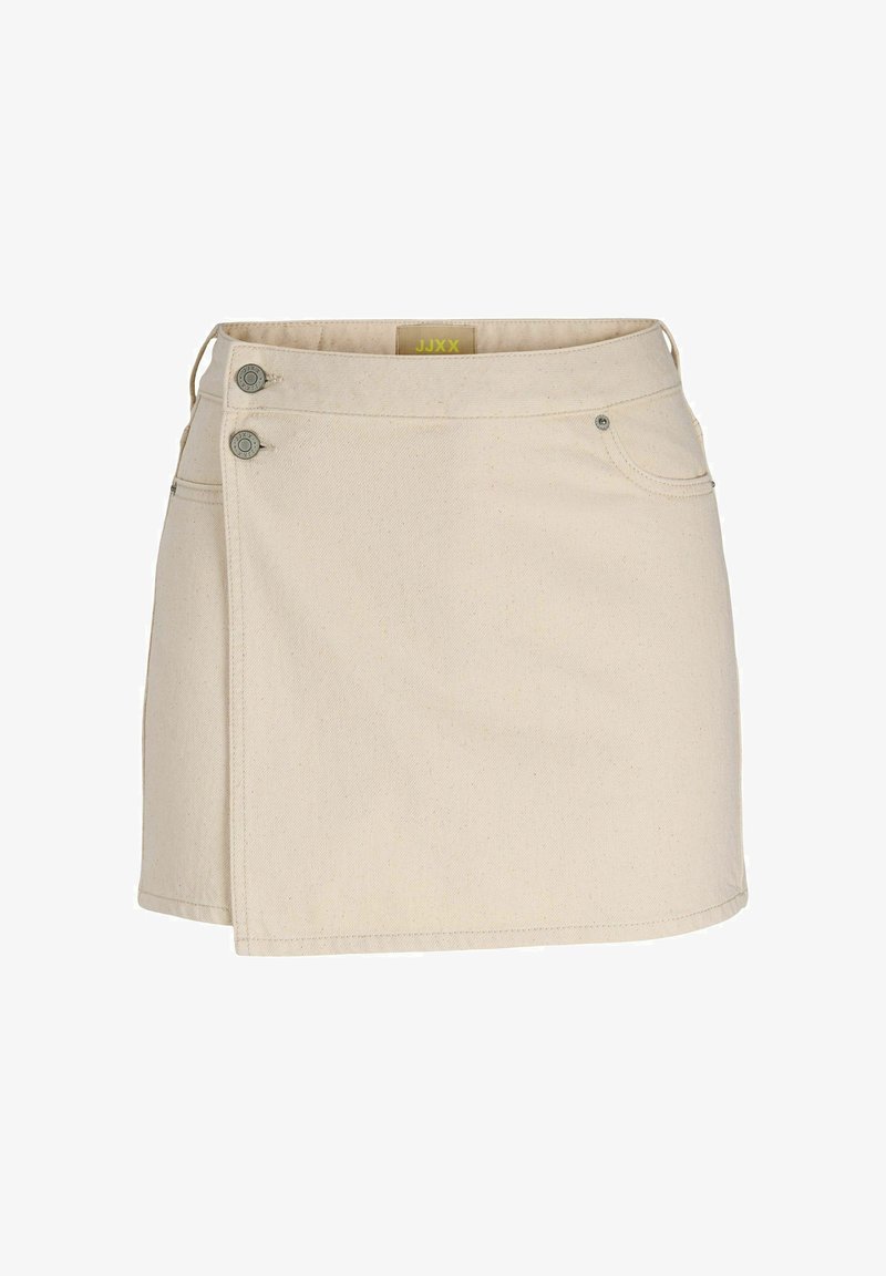 Béžová denimová sukně s překládaným designem, která má dva kovové knoflíky v přední části a jednu zadní kapsu. Texturovaná látka s jemným tkaním.