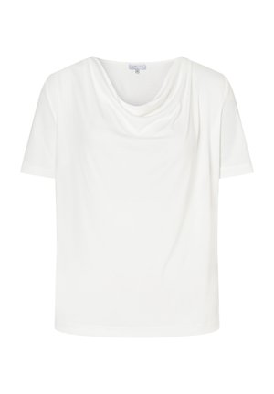Weißes kurzärmeliges Oberteil mit einem drapierten Wasserfallausschnitt, gefertigt aus weichem Stoff mit glatter Textur und ohne sichtbare Muster oder Verzierungen.