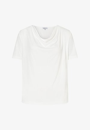 Weißes kurzärmeliges Oberteil mit einem drapierten Wasserfallausschnitt, gefertigt aus weichem Stoff mit glatter Textur und ohne sichtbare Muster oder Verzierungen.