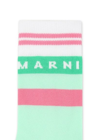 Calzini verde menta con strisce rosa e bianche. Presentano il nome del marchio "MARNI" in lettere bianche su un nastro verde vicino alla parte superiore.