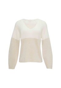 Pull en maille avec un col en V, présentant une partie supérieure crème et une partie inférieure en rib de beige clair. Manches longues et larges avec une texture douce.