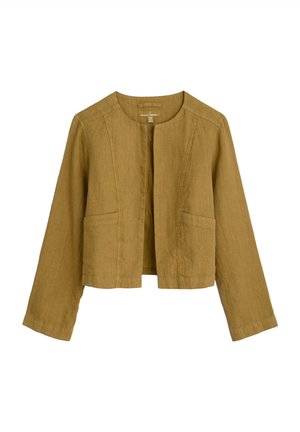 Khaki linen jacket with a round neckline, long sleeves, and two front pockets. Features a relaxed fit and minimalistic design.