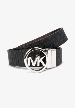 Black patterned leather belt with a shiny silver circular buckle featuring the initials "MK." Smooth texture and adjustable length.