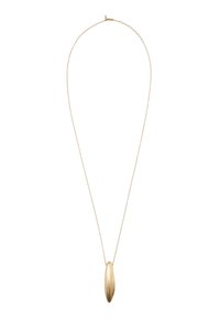 Náhrdelník s přívěskem ze zlata ve tvaru prodlouženého oválu. Má tenký řetízek. Hladká textura s leštěným povrchem. Jednoduchý a elegantní design.