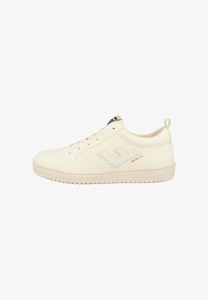 White sneakers with a smooth leather texture, featuring tonal accents, lace-up design, and a rubber sole embossed with brand name.