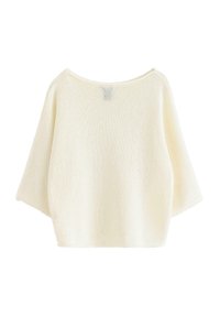 Lys beige, cropped sweater med korte ærmer og en bred halsudskæring. Strikket tekstur med en blød finish. Ingen synlig branding eller pyntegenstande.