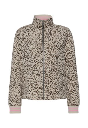 Veste zippée imprimé léopard avec col montant et poignets beiges ornés de deux bandes roses.