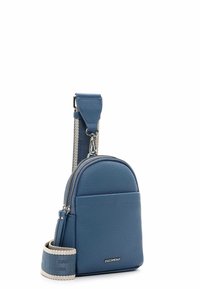 Blue pebbled leather crossbody bag with double zipper, front pocket, and adjustable strap featuring a woven pattern and silver hardware.