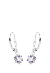 Orecchini a lobi in argento con design floreale, decorati con pietre preziose viola e rosa, che evidenziano una finitura texturizzata e dettagli intricati.