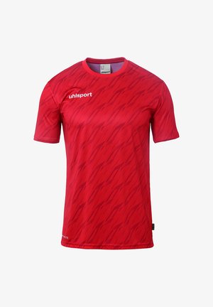 Rød atletisk kortærmet skjorte med geometrisk mønster, lavet af letvægtsstof. Har en rund halsudskæring og kontrastlogo-detail.