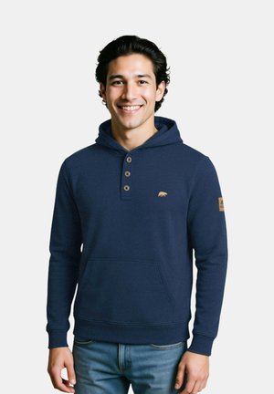 Navy blue hoodie with a kangaroo pocket, three-button placket, and bear logo. Features ribbed cuffs and hem, made from soft fabric.