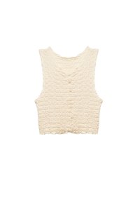 Top de punto sin mangas de color crema con un patrón texturizado y ondulado, presenta un cuello redondo y cierre de botones en la parte delantera.