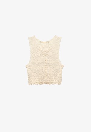 Kremowy bezrękawnik dzianinowy z teksturowanym, falistym wzorem, z okrągłym dekoltem i zapięciem na guziki z przodu.
