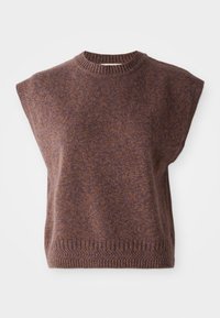 Brauner gestrickter Pullover mit rundem Halsausschnitt, kurzen Ärmeln und strukturiertem Saum. Besteht aus einem weichen, melierten Stoff mit einem subtilen Muster.