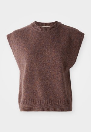 Brown knitted sweater with a round neck, short sleeves, and textured hem. Features a soft, heathered fabric with a subtle pattern.
