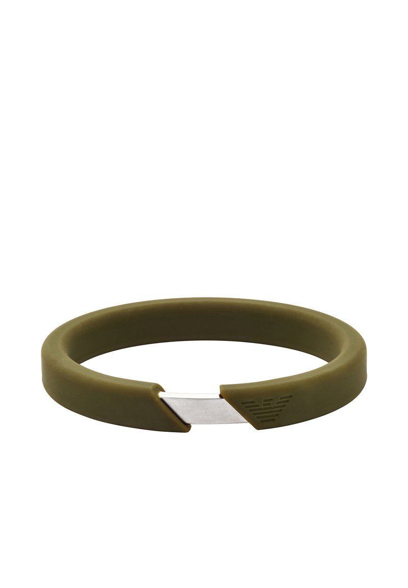 Silikonarmband i olivgrön med en silverfärgad metallaccent. Har en slät yta och ett urtaget avsnitt för en modern form.