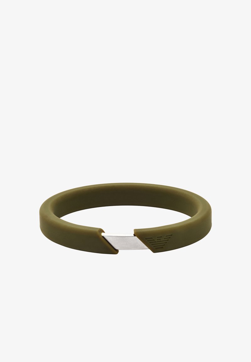 Silikonarmband i olivgrön med en silverfärgad metallaccent. Har en slät yta och ett urtaget avsnitt för en modern form.
