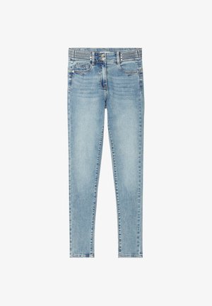 Jeans skinny azzurri chiaro con lavaggio sbiadito, chiusura a doppio bottone e cinque tasche su sfondo bianco.